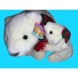White Polar Bear Mama and Baby Plushies with  Christmas Scarfs